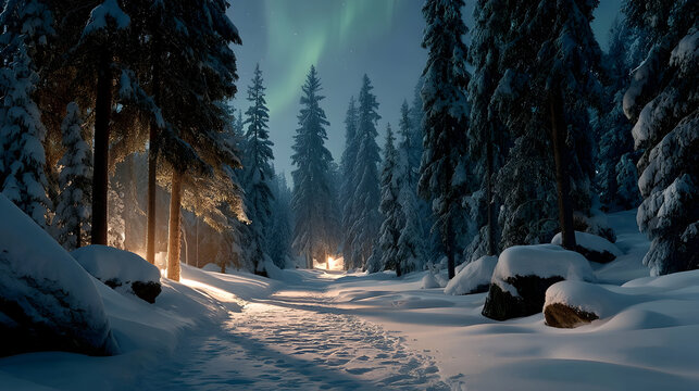 Enchanting snow-covered forest path illuminated by warm light under the mesmerizing aurora borealis
