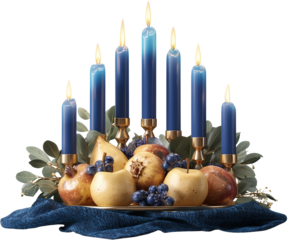 Elegant Hanukkah decoration featuring a candelabrum with burning blue candles, fresh fruit, and olive branches on a Transparent Background