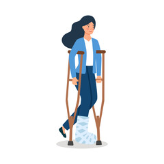 Bone injury or fracture of female patient. Businesswoman walking with crutches and gypsum on broken leg. Rehabilitation and treatment after accident.