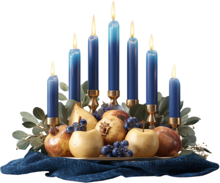 Elegant Hanukkah decoration featuring a candelabrum with burning blue candles, fresh fruit, and olive branches on a Transparent Background