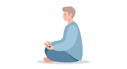 Man Meditating Calmly Sitting in Lotus Pose on White Background Illustration of Serenity and Mindfulness for Wellness Concepts