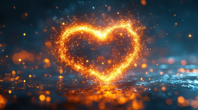 Abstract heart of fire sparks, glowing in dark space