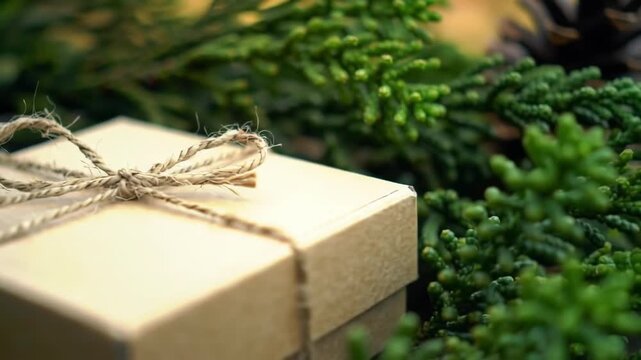Gift box with tied twine on greenery background, presented for holiday or special occasion