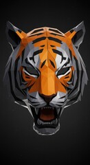 Geometric representation of a fierce tiger head roars against a dark backdrop