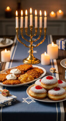 Naklejka premium Golden Hanukkah menorah with lit candles, latkes, and sufganiyot donuts against a cozy blue and white table setting