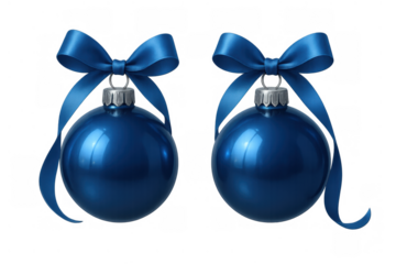 Two glossy blue christmas bauble ornaments featuring elegant satin bows and flowing ribbons, prepared for festive holiday decorating