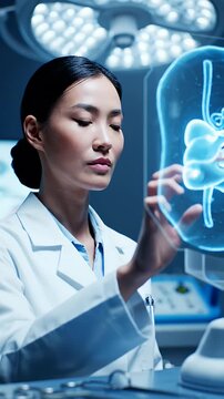 Surgeon Analyzing Digestive System Scan on Digital Interface in Operating Room with Medical Instruments Visible and Bright Surgical Lighting with Focus on Patient Care and Diagnostic