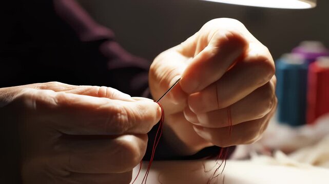 Close Up of Hands Threading Needle With Red Thread for Sewing