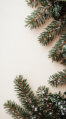 Christmas pine branch with snow on beige background creates festive and joyful holiday atmosphere perfect for seasonal decoration