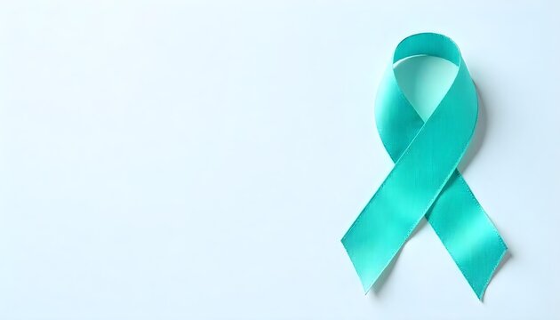 Teal awareness ribbon displayed on white, highlighting cervical cancer awareness and the importance of women's health screenings