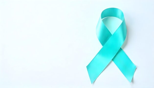 A teal ribbon against a white backdrop represents cervical cancer awareness, emphasizing prevention and early detection