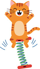 Joyful Orange Cat Jumping on Pogo Stick Fun Playful Illustration