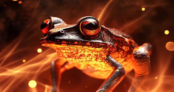 Close-up of a vibrant frog amidst fiery orange and red swirls, showcasing its intricate details