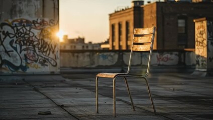 Empty Chair on Rooftop with Graffiti and Cityscape at Sunset, Urban Scene - Powered by Adobe