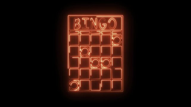 Neon bingo card animation on black background casino gambling entertainment concept