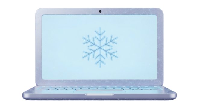 Frozen laptop with snowflake symbol on transparent background, perfect for winter theme, blue icy background, digital cold temperature, concept of winter freeze on computer screen