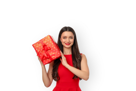 Woman in a red dress smiling while holding a gift box, isolated, PNG