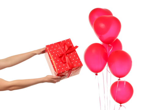 Female hands hold gift box, and pink balloons, isolated, PNG - Powered by Adobe