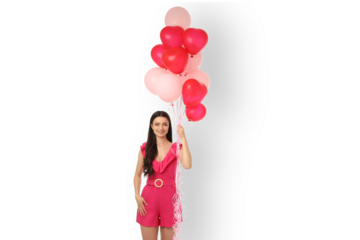 Woman in pink outfit holding heart-shaped balloons, isolated, PNG