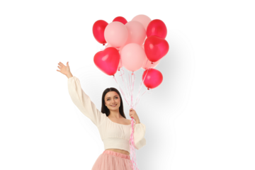 Smiling woman waves with pink and red balloons, isolated, PNG