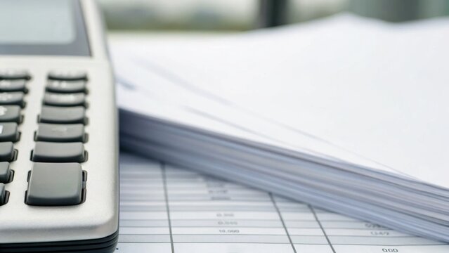 A close-up of a calculator resting on stacked papers, highlighting a professional and organized workspace.