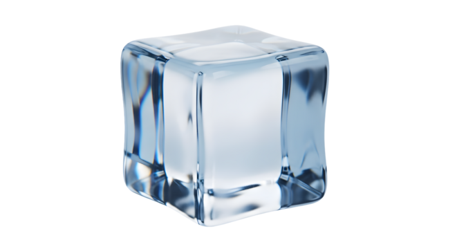 High-quality professional 3D render of a single clear ice cube with rounded edges and realistic reflections on transparent background