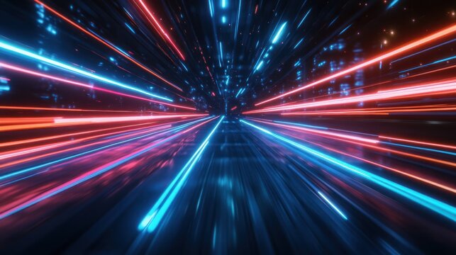 Futuristic speed tunnel with neon light streaks
