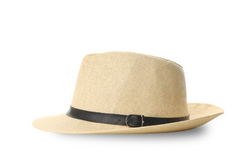 Beige straw hat with a wide brim and black leather band, isolated, PNG