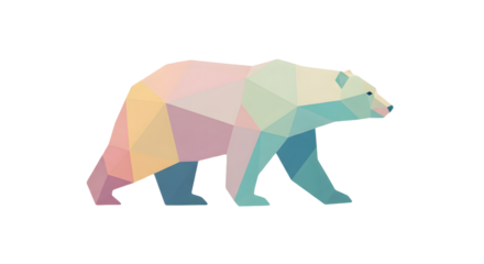 Modern abstract polygonal walking bear illustration with colorful low poly geometric design, on transparent background