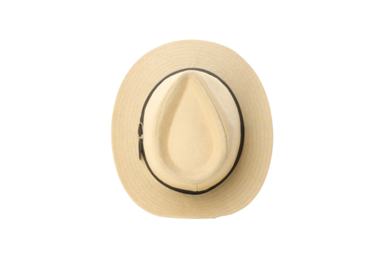 A straw hat featuring a wide brim and brown band, isolated, PNG