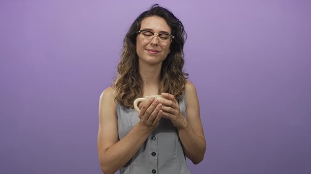 Woman wearing glasses holding cup in purple studio with relaxed posture and soft smile; serenity comfort mindfulness relaxation.