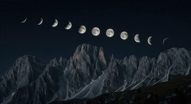 Sequential display of lunar cycle phases arranged above jagged mountain peaks at night