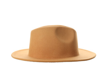 Classic tan felt hat with wide brim and crown, isolated, PNG
