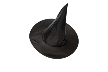 Tall black witch hat with a wide brim, isolated, PNG