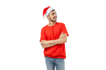 Smiling man in red with a Santa hat, isolated, PNG