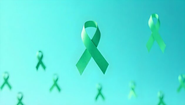 A green awareness ribbon set against a blue background, representing Glaucoma Awareness and the importance of vision care - Powered by Adobe