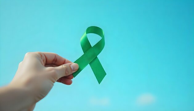 A hand showcases a green ribbon against a blue sky, symbolizing Glaucoma Awareness and the fight against vision loss