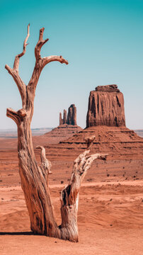 Monument Valley Landscape with Dead Tree, Arizona Desert Scenery, Iconic American West Travel Destination, Red Rock Buttes and Arid Landscape Under a