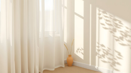 Sunlit Room with Sheer Curtains and Shadow Patterns, a Peaceful and Bright Interior Scene
