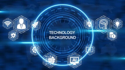 Digital technology concept futuristic background with modern icons and global world map - Powered by Adobe