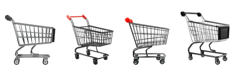 Four different views of a shopping cart, each with a red handle and black frame.