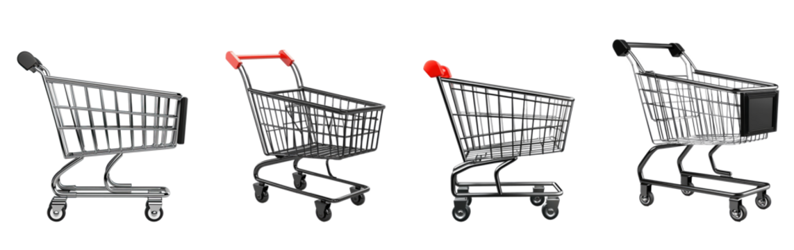 Four different views of a shopping cart, each with a red handle and black frame.