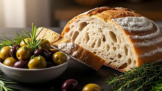 Artisanal bread and olives with herbs on a dark surface