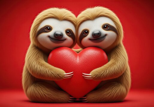 Two cute sloths hugging a red heart