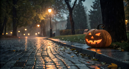 Glowing halloween jack o lantern with a happy face