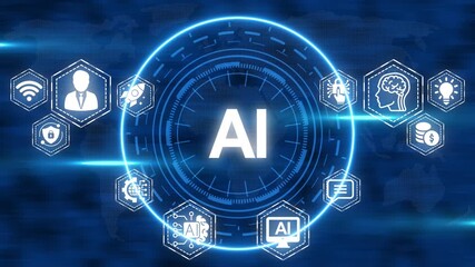 Futuristic ai technology concept with digital icons over a blue world map background - Powered by Adobe