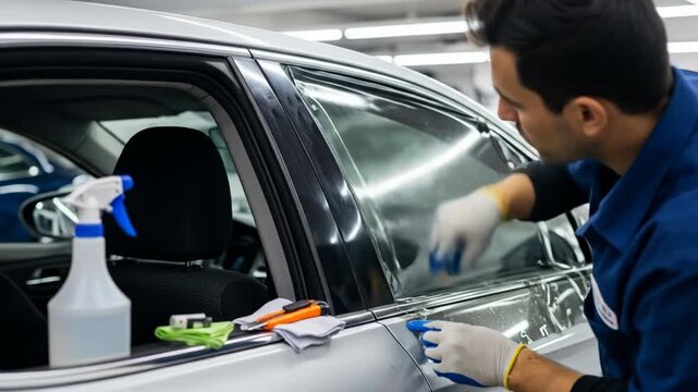 Person in blue shirt applying film to car window with squeegee tool