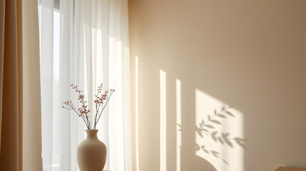 Indoor Still Life with a Vase and Floral Arrangement Bathed in Soft Sunlight