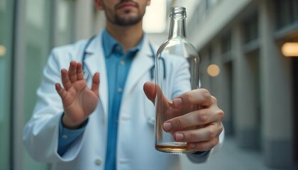 A man wearing a white coat holds a bottle, advocating for detox and sober living in support of Dry January initiatives