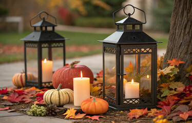 Decorative halloween pumpkins and candles